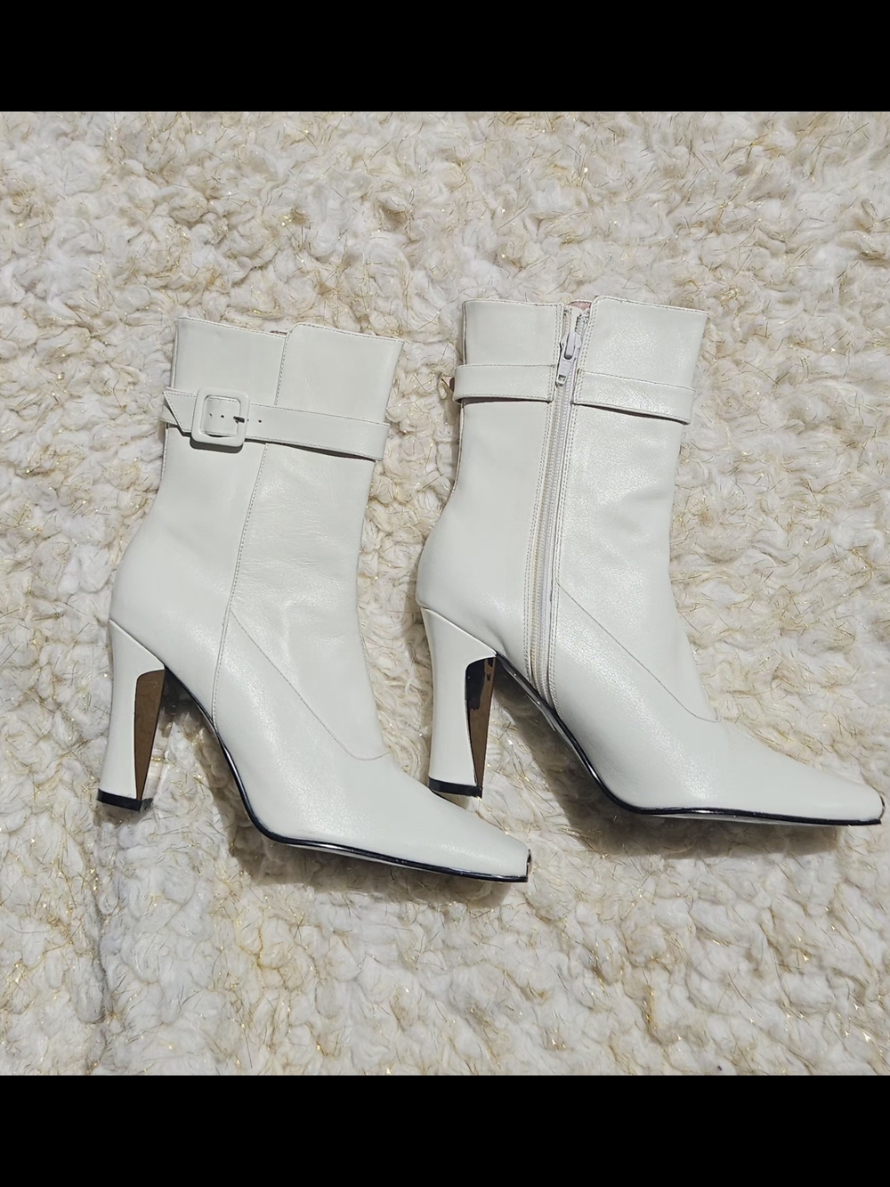 Nordstrom White Mid-Calf Pointed Toe High Heel Boots with Buckle Strap